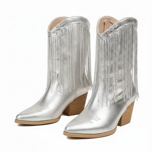 Yehaw silver vegan microfibre ankle-height cowgirl boots with pointed toe and fringe detail.