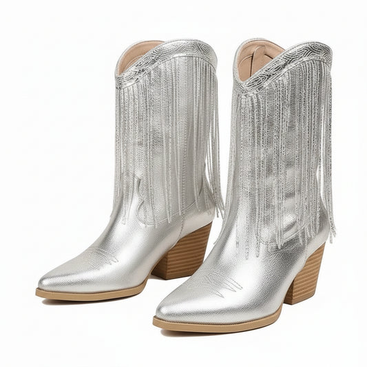 Yehaw silver vegan microfibre ankle-height cowgirl boots with pointed toe and fringe detail.